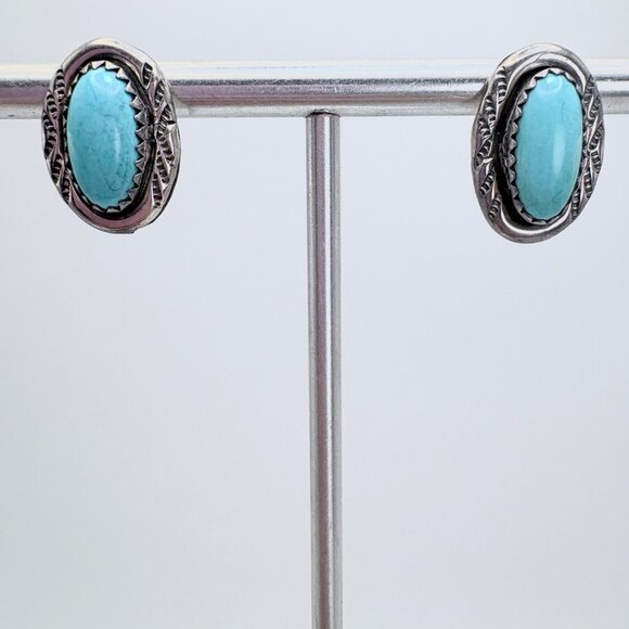 VTG Sterling Silver 925 Turquoise Bezel Set Stud Earrings Size 0.5" Length - Picture 1 of 10